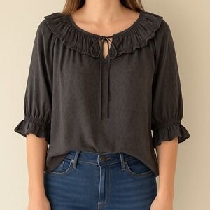 Current‎ Air Los Angeles Gray Leopard Print Ruffle Neck Long Sleeve Blouse Top